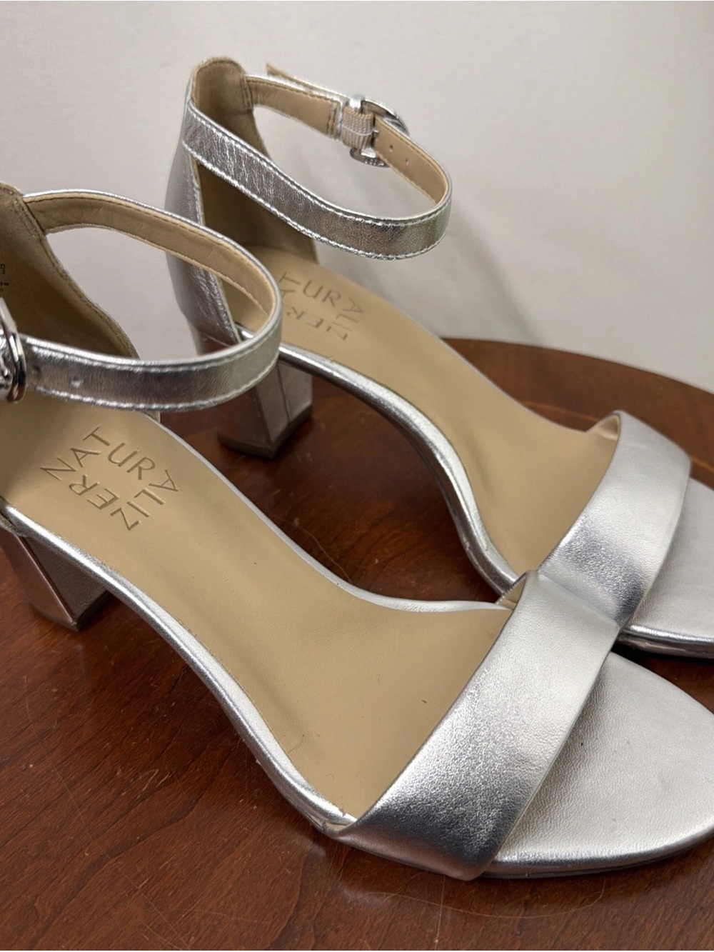 Naturalizer Silver Block Heel Sandals with Ankle Strap